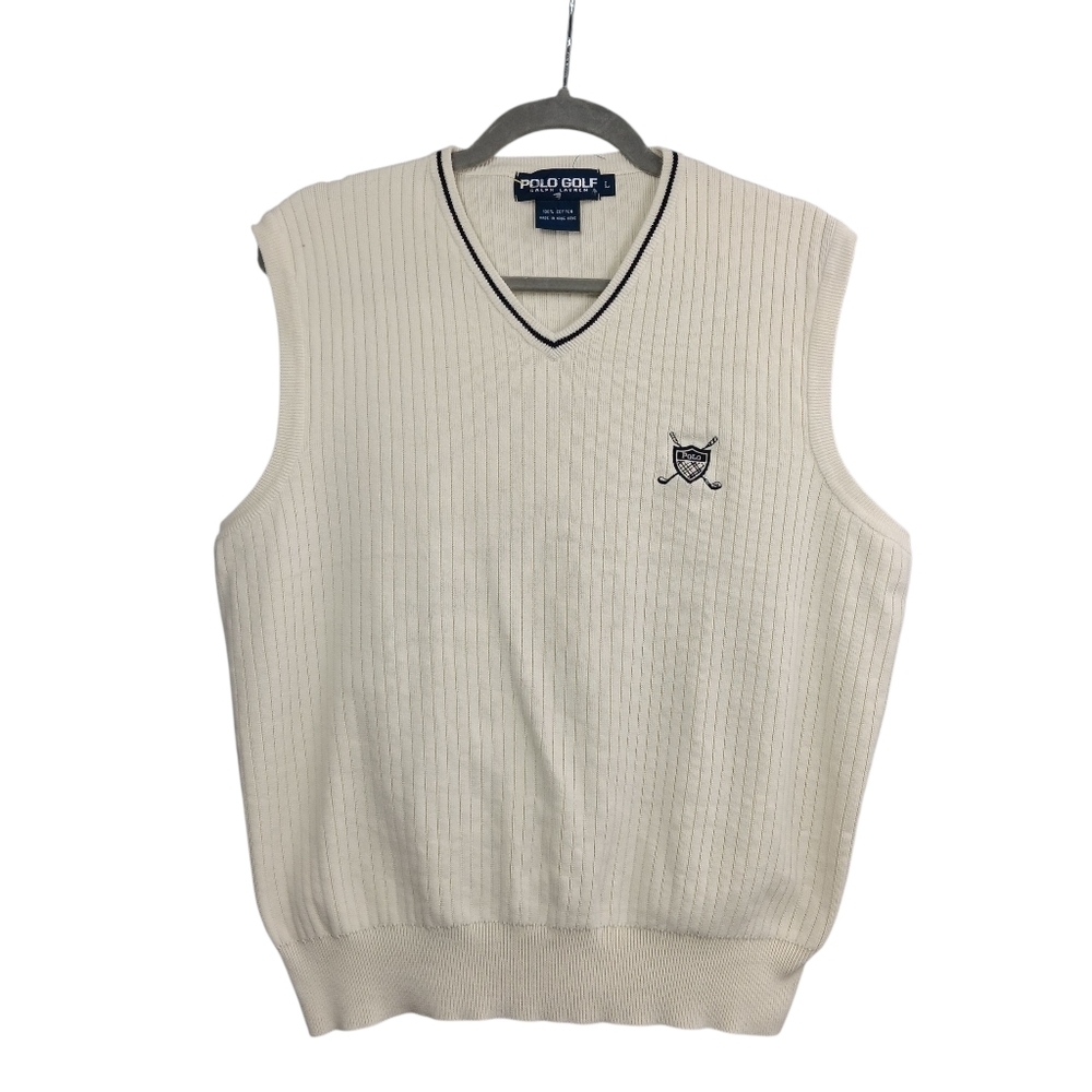 POLO GOLF RALPH LAUREN Men's Ribbed Knit Sweater Vest Large Cream Old Money